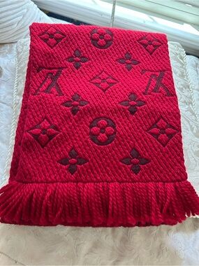 Authentic LV Red Monogram Wool & Silk Scarf or Wrap. Made in Italy w/ COA.